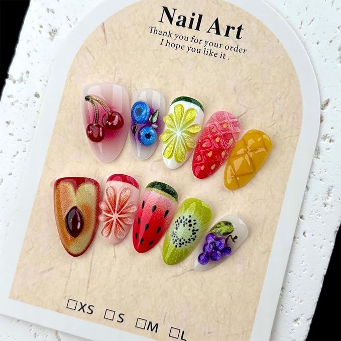 30Pcs 3D Fruit Press On Nails Short Almond Fake Nails Cute Summer Nails with Cherry Blueberry Strawberry Peach Design Tropical Fruit False Nails Reusable Full Cover Acrylic Nails Tips for Women Girls