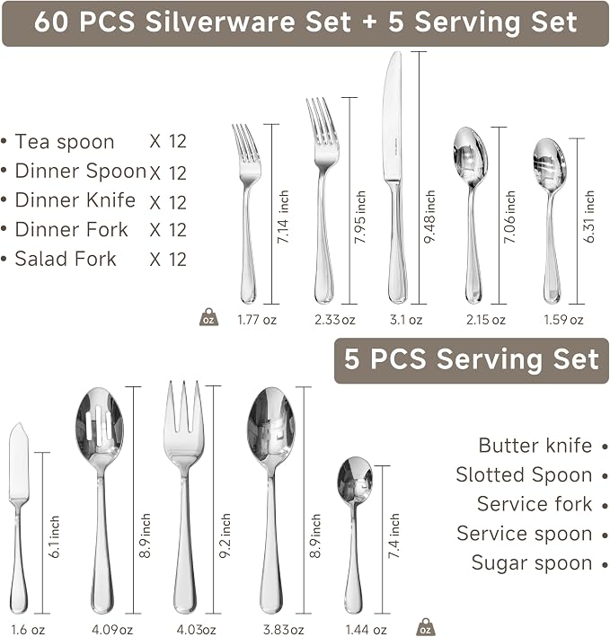 Silverware Set for 12,65 Piece Stainless Steel Flatware with Serving Utensil