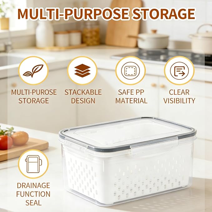 Fruit storage containers for fridge, with detachable drainer basket and airtight seal, stackable produce organizer, prolongs freshness of berries, greens, meats