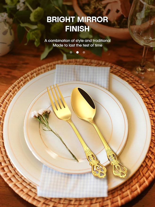 Stapava 30 Pcs Retro Royal Gold Silverware Set, Stainless Steel Gold Utensils Cutlery Set for 6, Gorgeous Flatware Set Include Forks Spoons and Knives set, Dishwasher Safe, Mirror Polished