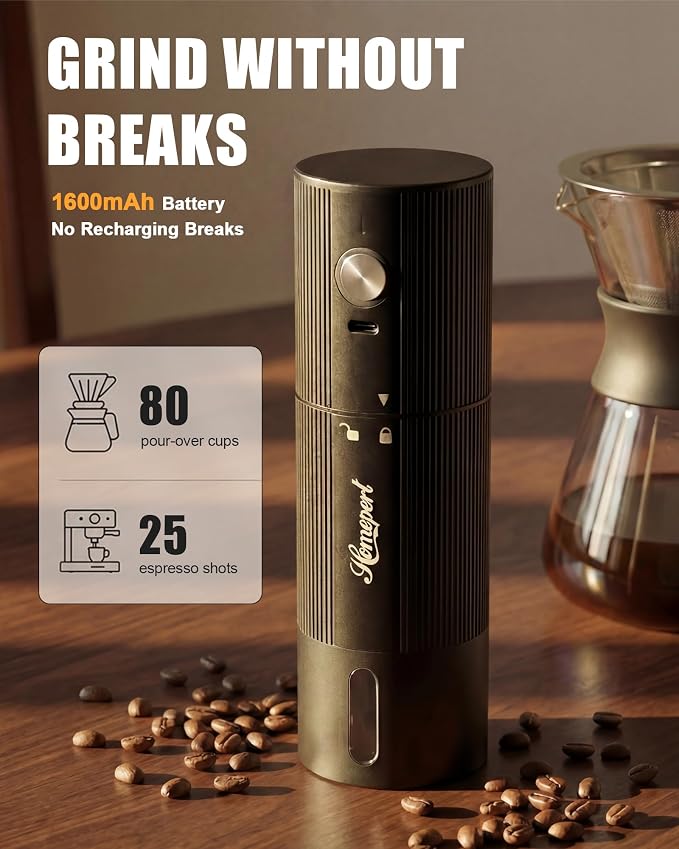 Upgraded Faster Electric Coffee Grinder, Stainless Steel Burrs, Black | Cordless Coffee Mill, 1600mAh Rechargeable Battery, 40 Setting for Pour-Over to Espresso, Portable for Camping, Travel