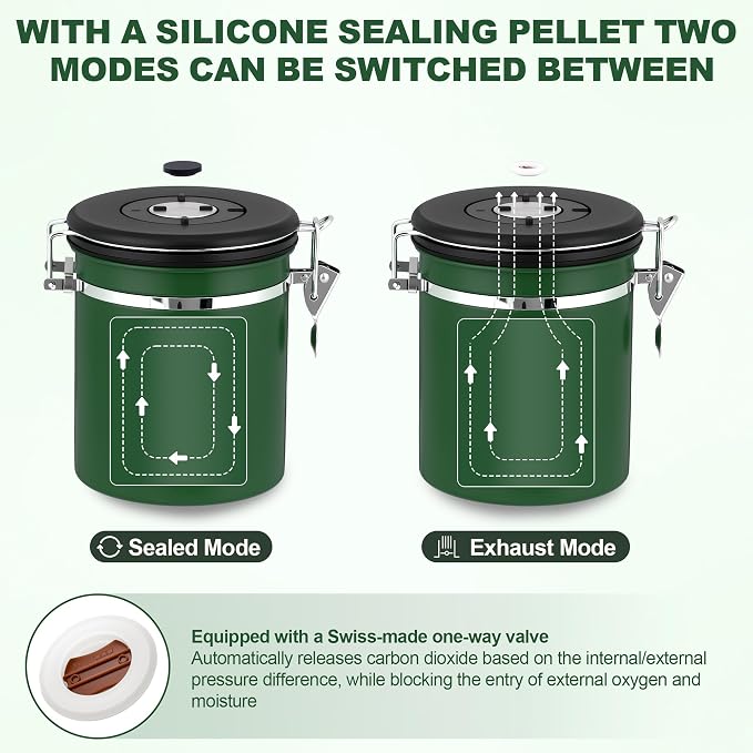 ShanSon Coffee Canister Airtight, Stainless Steel Bean Storage Container with Date Tracker & Scoop, Grounds Sugar Flour Tea Cereal Fits Kitchen Pantry, Ideal Gift for Coffee Lovers,12oz, Dark Green