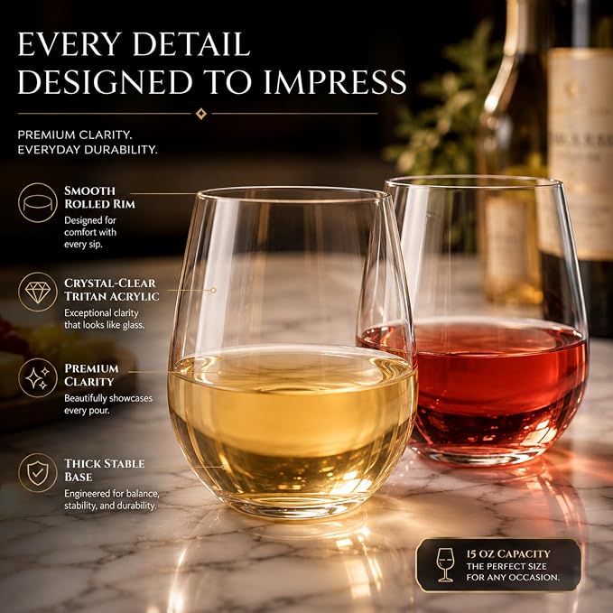Khen Unbreakable Stemless Acrylic Plastic Drinkware Glasses, Shatterproof 100% Tritan Glasses | 4 Set | 15oz Wine Glassware, Dishwasher-Safe, BPA-free - Indoor & Outdoor, Clear Color