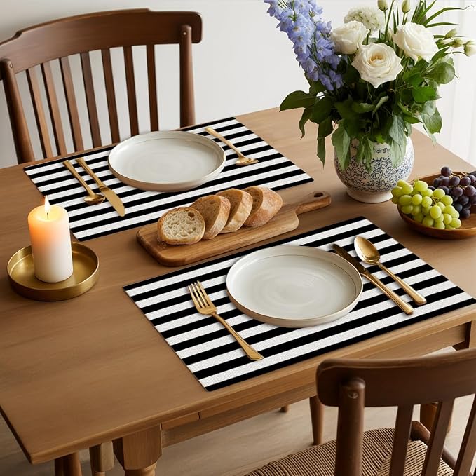 Black and White Striped Placemats Set of 4, Kitchen Table placemats Decor | Modern Minimalist Table Mats for Home Party Kitchen Dining Table Decor for Christmas halloween Dining Table, Party placemats