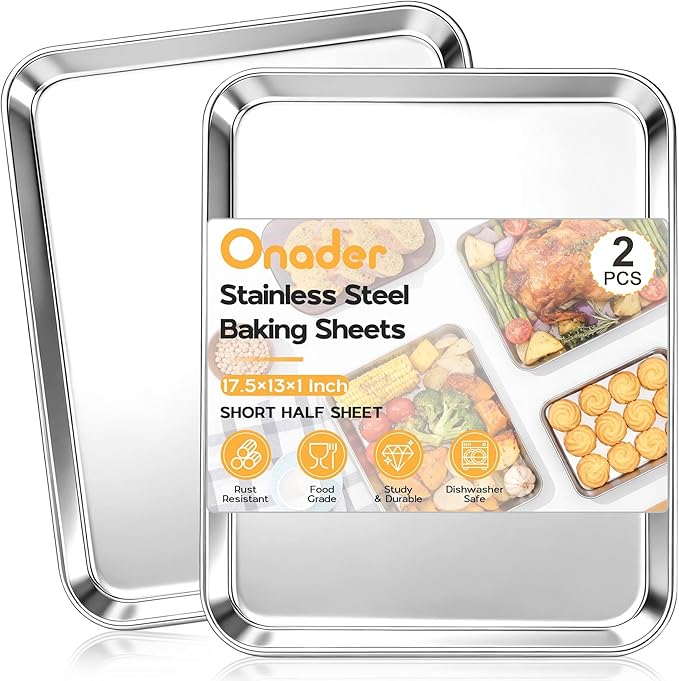 Onader Baking Sheet Pans, 18 x 13 Inch Cookie Sheet for Baking, Set of 2 | Stainless Steel Baking Trays, Large Sheet Pans for Roasting and Cooking, Non-Toxic Half Sheet Pans, Dishwasher Safe