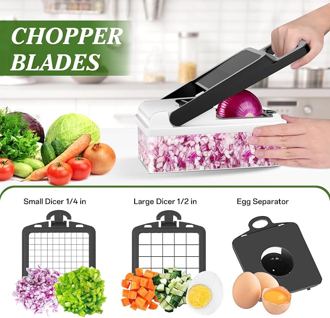 HomeHacks Veggie Chopper Vegetable Cutter, 12 in 1 Kitchen Gadget, White | Dicer, Slicer, Cutter, Slap Chop, Cheese Grater & Egg Separator - Multi-Functional Salad Fruit Onion Chopper with Container