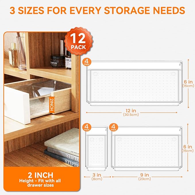 12 Pack Large Clear Plastic Drawer Organizer Trays | MULTI-USE Acrylic Drawer Storage for Kitchen, Bathroom, Makeup, Office, School, Undies | College Dorm Room, Home Apartment Essentials