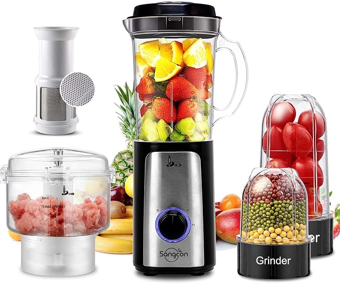Sangcon Blenders for Kitchen, 5-in-1 Food Processor Combo for Smoothies Set | BPA-Free 47oz Pitcher, 2.5-Cup Bowl, 18/11oz Cups, 3 Blades; Housewives Prep Shakes, Meat, Sauces, Salsa, Coffee, Dry Spices