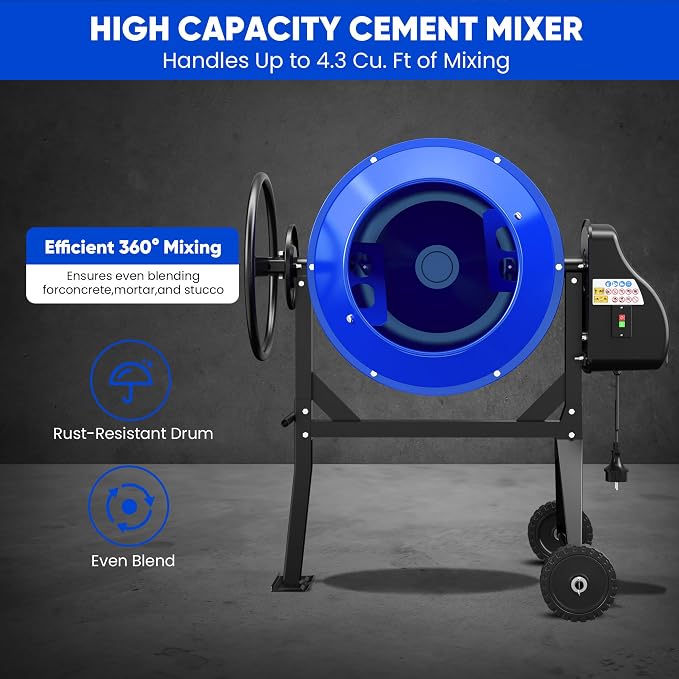 120L Electric Cement Mixer, 4.3 Cubic Ft. 450W 3/5HP Portable Concrete Mixer Machine with Stand And Wheels for Stucco, Mortar, Seeds, Blue