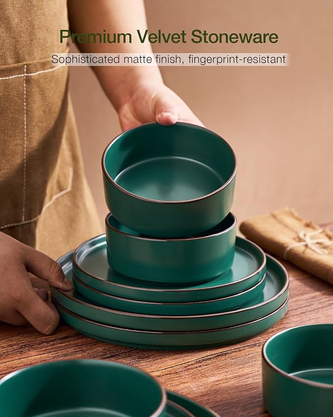 Famiware Nebula Ridge 24-Piece Dinnerware Set with Pasta Bowls, Dark Green | Stoneware Plates and Bowls for 6, Warm Hand-Painted Rims, Microwave and Dishwasher Safe