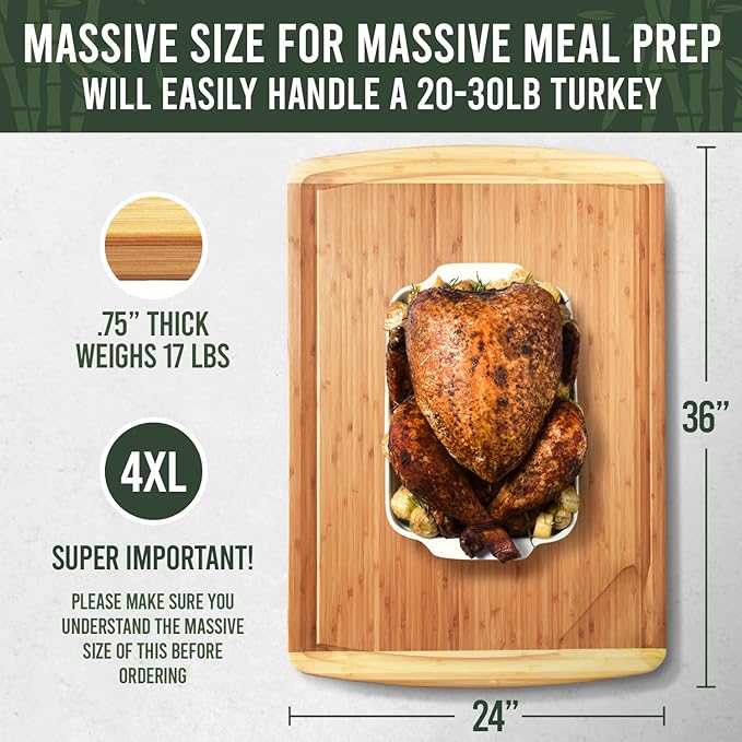 GIGANTIC 36 x 24 Inch Extra Large Bamboo Cutting Board with Lifetime Replacements – 4XL Butcher Block, Oversized Carving & Charcuterie Board, Stovetop Cover for Kitchen Counter Space