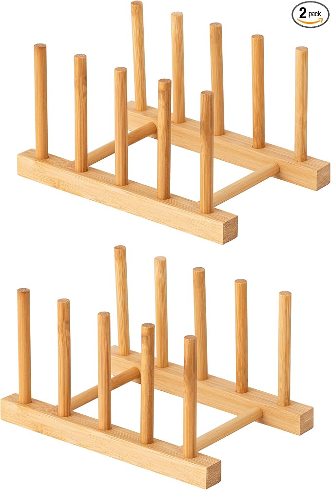 HBlife 2pcs Bamboo Dish Plate Bowl Cup Book Pot Lid Cutting Board Drying Rack Stand Drainer Storage Holder Organizer Kitchen Cabinet（Keep Dry）