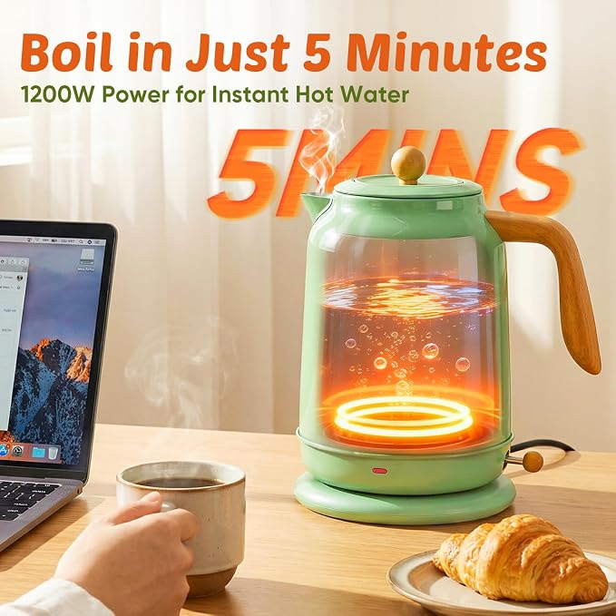 Seehot® Electric Kettle With Thermometer, 1.7L 1200W,Green | Auto shutoff, boil-dry protection,water-contact stainless steel, cordless base for coffee and tea