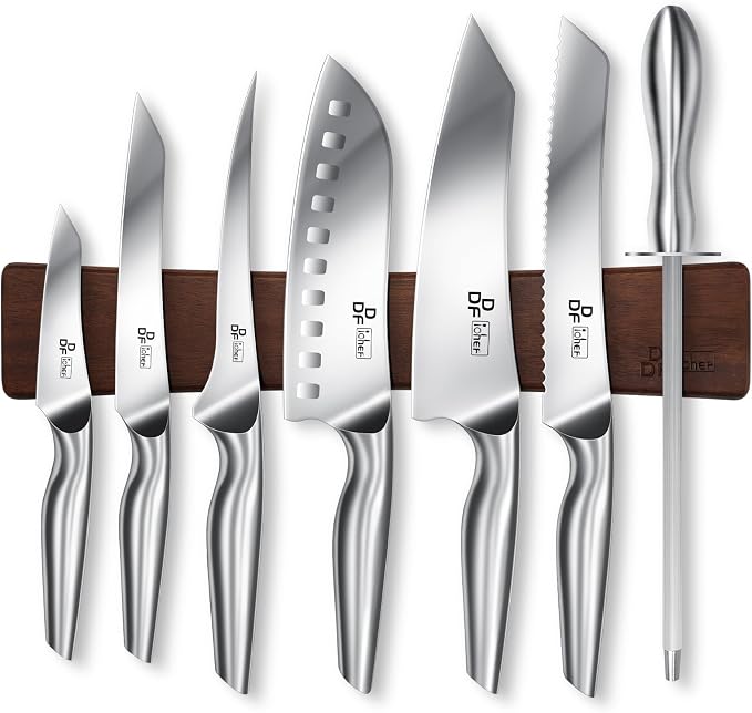 Knife Set with Magnetic Knife Strip 8 Piece, High Carbon Stainless Steel | Japanese Kitchen Knife Set with Ergonomic Hollow Handles, Magnetic Knife Holder for Wall Mount, Dishwasher Safe