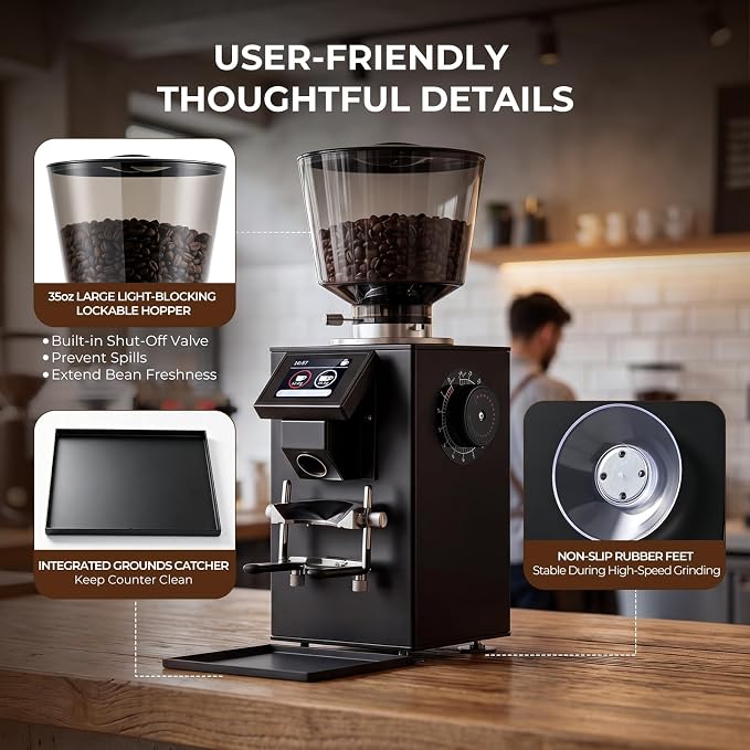 Grind by Weight Commercial Coffee Grinder, 64mm Flat Burr | Touchscreen, ±0.1g precision, dual dosing modes, 14 grind settings, 350w motor, fits portafilters, easy clean, for cafe use