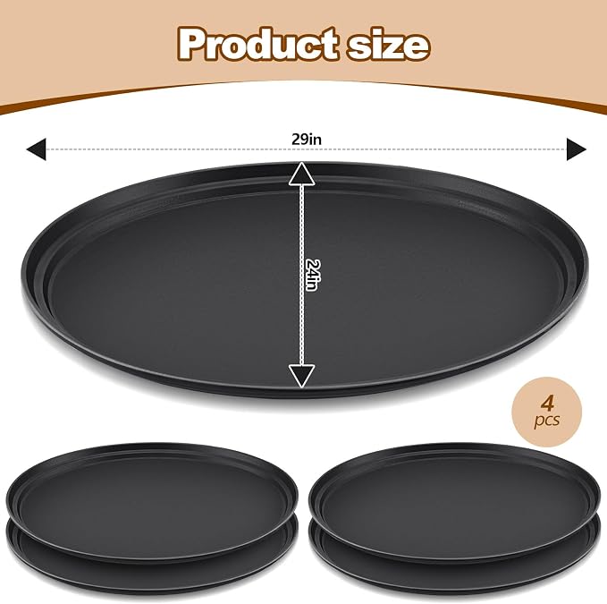 FillTouch 4 Pcs Restaurant Serving Trays PP Plastic Non Slip Rubber Lined Large Oval Tray for Kitchen Dining Room Cafeterias Fast Food Service (24 x 29 Inch,Black)
