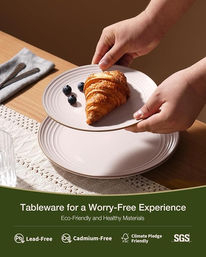 Famiware Jupiter Stoneware Dinnerware Sets, 18-Piece Speckled Dishes for 6 | Ceramic Plates & Bowls with Rim, Chip & Scratch Resistant, Microwave & Dishwasher Safe, Everyday & Formal Use, Neutral Pink