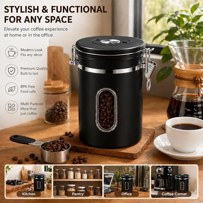 Black Coffee Canister Airtight 22oz Stainless Steel Coffee Bean Storage Container with Date Tracker, Window & One-Way CO2 Valve, Kitchen Coffee Jar for Beans, Ground Coffee, Tea, Sugar, Rice