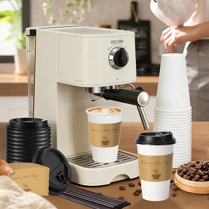 BYSNOW 500 pack 16 oz Bulk Disposable Paper Coffee Cups with Lids Hot Cups | Paper To Go Cups with Lids, Sleeves and Stirring Sticks, Hot Paper Cups for Home, Office and Party (White 16oz)
