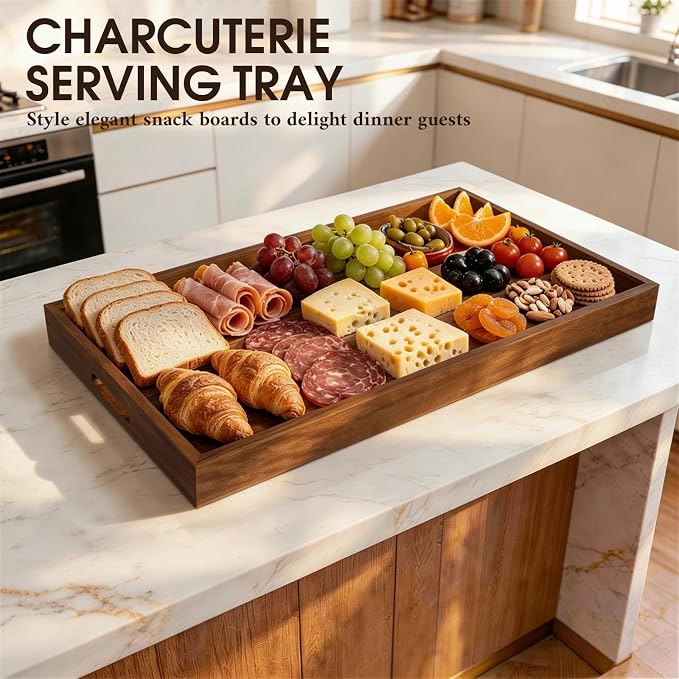 Extra Large Ottoman Tray, 32 x 18 inches Black Walnut Wooden Tray | Rectangle Decorative Tray with Handles, Wood Coffee Table Tray, Serving Platter Tray for Living Room, Countertop, Breakfast