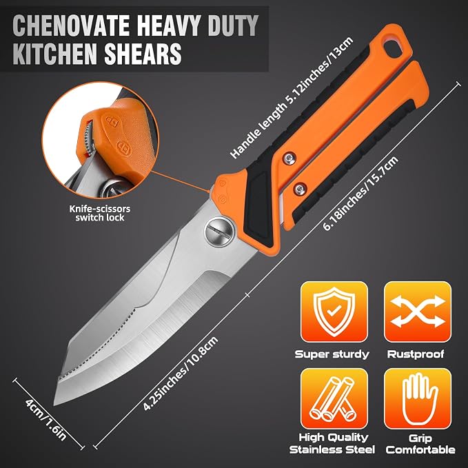 Chenovate® Heavy Duty Kitchen Scissors,Kitchen Shears with Knife & Scissor Switch Lock,Food Scissors Fit for Poultry Bones,Turkey,Meat Cutting,Veggies,Fish,Pizza(green)