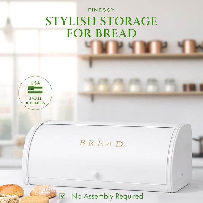 FINESSY Large Bread Box Roll Top, White Metal Bread Box For Kitchen Counter | Bread Box For Homemade Bread, Holds Two Loaves, Bagels & Muffins. White Metal Bread Box With Roll Top Lid 17.3 × 10.4 × 6.8