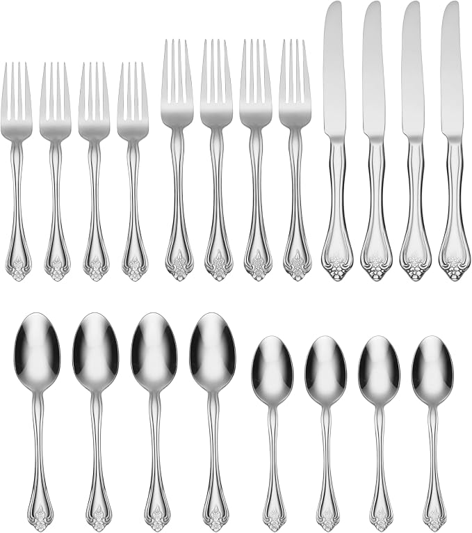Oneida Boutonniere 20-Piece 18/0 Silverware Set for 4, Flatware | mirror finish, dishwasher safe | includes knives, forks, and spoons | cutlery set for kitchen and dining
