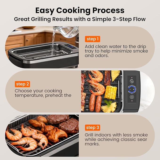Electactic Electric Smokeless Indoor Grill & Griddle, Nonstick Contact Grill, Dishwasher Safe Parts, 6-Level Temperature Control with Auto Shut-Off, for Kitchen, Apartment, Indoor Cooking