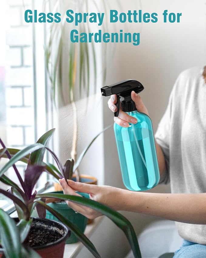 Bontip Glass Spray Bottle 16 oz for Cleaning, Plants (2 Pack, Light Blue) | 16oz refillable light blue spray bottles 2 pack, BPA-free eco glass, With label, Great for cleaners, plant misting, hair care