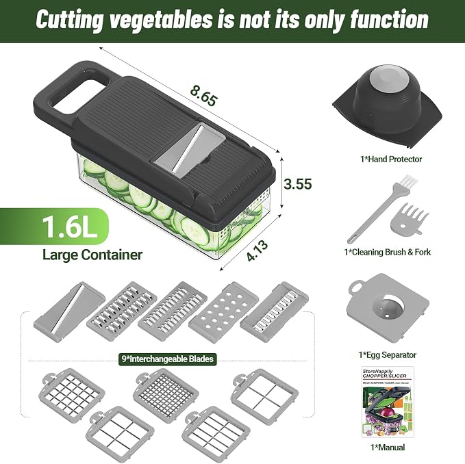 15-in-1 Vegetable Chopper 10 Blades, Veggie Cutter with Handle, Grey | Stainless Steel Blades, Food Container and Lid, Dicer, Slicer, Julienne, Egg Separator, Non-slip Base, Include Cleaning Tools