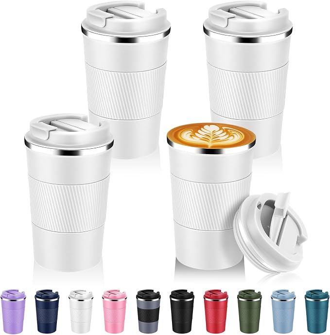 Volhoply 13 oz Stainless Steel Insulated Travel Coffee Mug with Fip Lid Bulk 4 Pack,Reusable Double Wall Vacuum Metal Coffee Cup,Portable Leak Proof Thermal Tumbler for Hot & Cold Drinks(White,4)