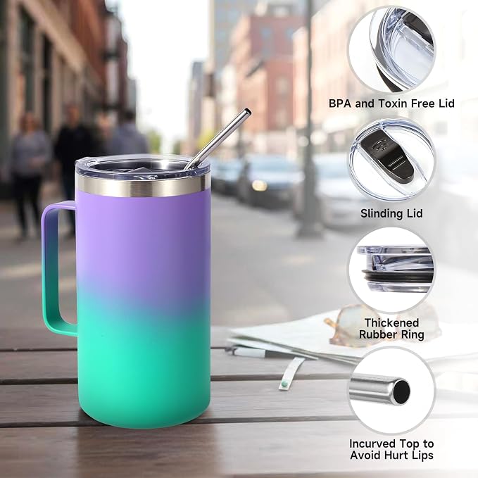 Volhoply 22oz Insulated Stainless Steel Coffee Mug with Leakproof Lid,Double Wall Vacuum Travel Coffee Cup with Handle,Reusable Metal Tumbler,Camping Mugs Keep Hot&Cold(Purple Green,1)