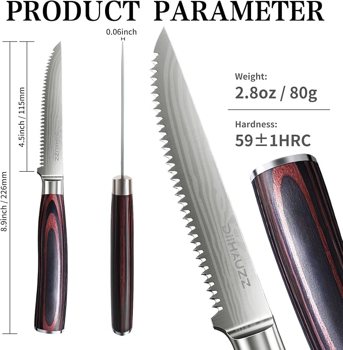 DiiHAUZZ Steak Knives Set of 6, 4.5 Inch Ultra Sharp Serrated Knife Set | Hight Carbon Stainless Steel Blade, Ergonomic Pakkawood Handle, Non-Slip, Gift Box