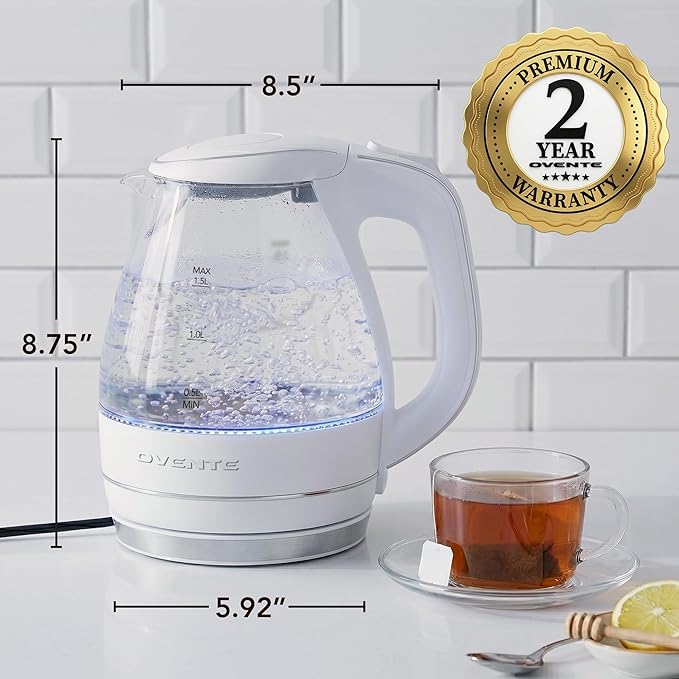 OVENTE 1.5L Glass Electric Kettle Water Boiler, White KG83W | 1100W Fast Boiling, Borosilicate Glass, BPA-Free, Blue LED, Auto Shut-Off, Boil-Dry Protection, Removable Filter, 360° Base