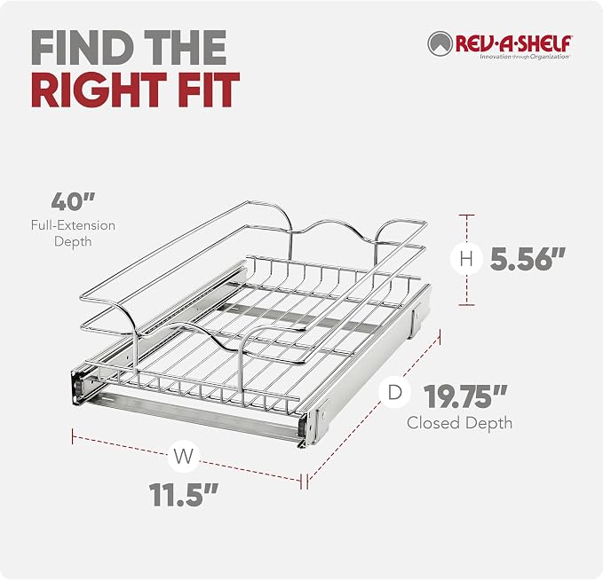 Rev-A-Shelf Steel Wire Pullout Drawer Organizer Shelf for Kitchen Cabinets, Slide Out Storage Basket, Min Opening Width of 11.5", 12" x 20", 5WB1-1220CR-1