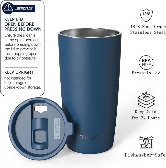TILUCK 20 oz Insulated Coffee Tumbler with BPA-Free Lid | Travel Coffee Mug, Dishwasher Safe, Cup Holder Friendly, Double-Wall Vacuum Insulation for Hot & Cold Drinks, Matte DarkBlue