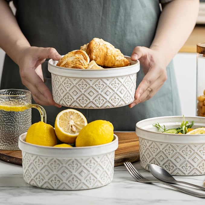 40 Oz Ramekins Ceramic Airtight Bowls Set of 4 - Large Mixing Bowls with Lids Set for Salad, Pho, Soup, Pasta, Dessert, Serving, Oatmeal, Baking Dishes, Dishwasher & Microwave Safe, Beige