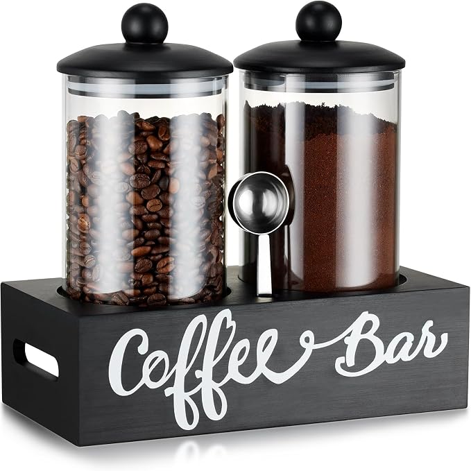 Coffee Container with Shelf: 2P 55OZ Glass Airtight Coffee Holder | Large Capacity Coffee Canister w/Scoop - Kitchen Food Storage Jar for Ground Coffee/Tea/Sugar/Cereal/Nuts/Coffee Bar