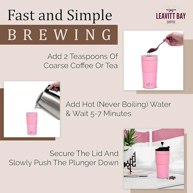 Pink Portable French Press Travel Mug & Coffee Maker | Leak-resistant lid Double-wall vacuum insulation ideal for camping & travel