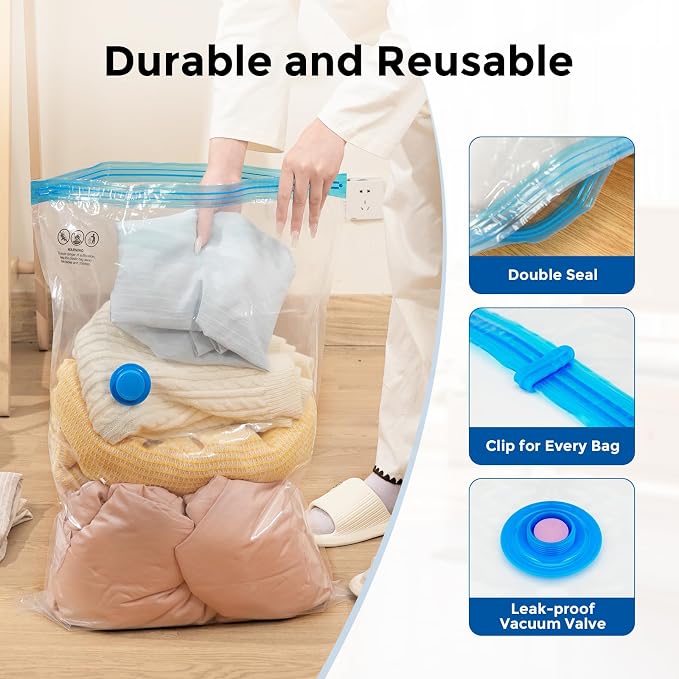 ETENWOLF 12 Combo Vacuum Storage Bags for Travel with Wireless Pump | Vacuum Seal Bags for Clothing Travel, Compression Packing Bags for Clothes and Blankets, Space Saver Bags in Carry-On Sizes
