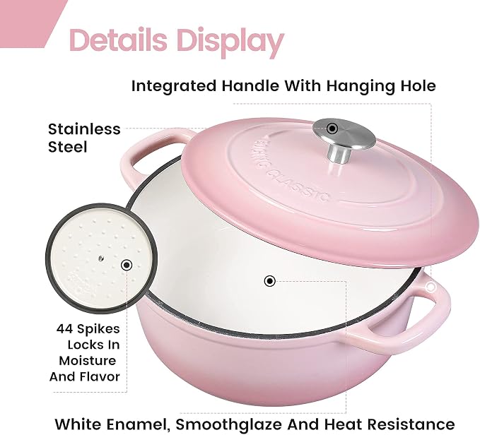 EDGING CASTING Enameled Cast Iron Covered 5.5 Quart Dutch Oven with Dual Handle, Dutch Ovens with Lid for Bread Baking, Pink