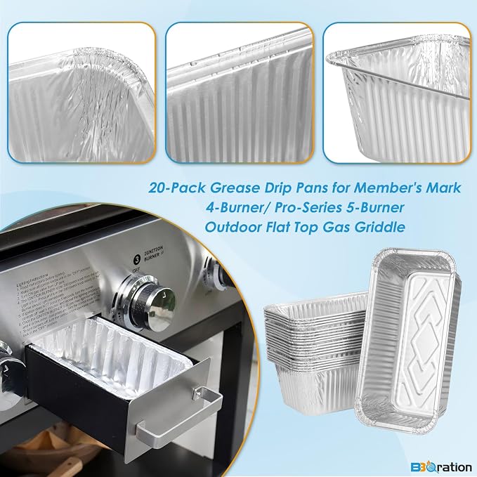 20-Pack Aluminum Drip Liner for Members Mark Grill Parts | Grease Catcher Drip Liner for Member's Mark 4-Burner Outdoor Flat Top Griddle and Pro Series 5-Burner Griddle Grease Tray