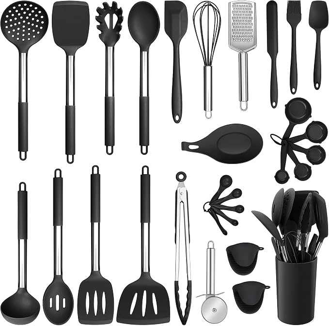 E-far Silicone Cooking Utensils Set, 30-Piece Black Kitchen Utensils Set | Heat Resistant Nonstick Cookware, Kitchen Tools Spatulas with Stainless Steel Handle, Spatulas Turner Tong Spoon Whisk Ladle