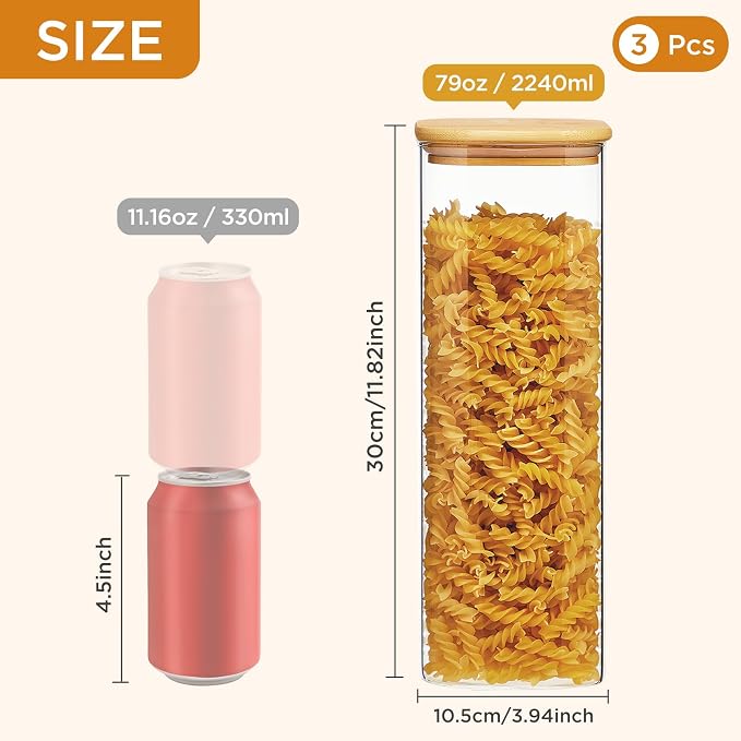 Square Glass Food Storage Jars with Lids 2.47 Qt [Set of 3], Perfect for Pasta, Cookies, Nuts, Coffee, Cereal, Flour, Organize Your Kitchen and Pantry with BPA-Free Glass Jars with Canisters