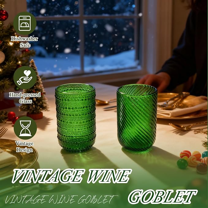 CHLJAR Christmas Green Vintage Wine Drinking Glasses Set of 6, 14 oz hobnail drinking glasses Glassware Embossed Green Water Tumbler for Beer, Juice, Cocktail, Whiskey, Milk