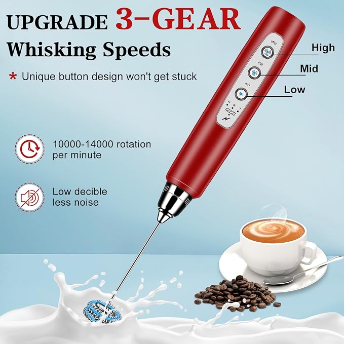 Milk Frother Wand Rechargeable Handheld Whisk Coffee 3 Speed Adjustable | Electric Whisk Drink Mixer with Stainless 3 Whisks Hand Frother , Foam Maker for Latte Cappuccino Matcha Egg Silver