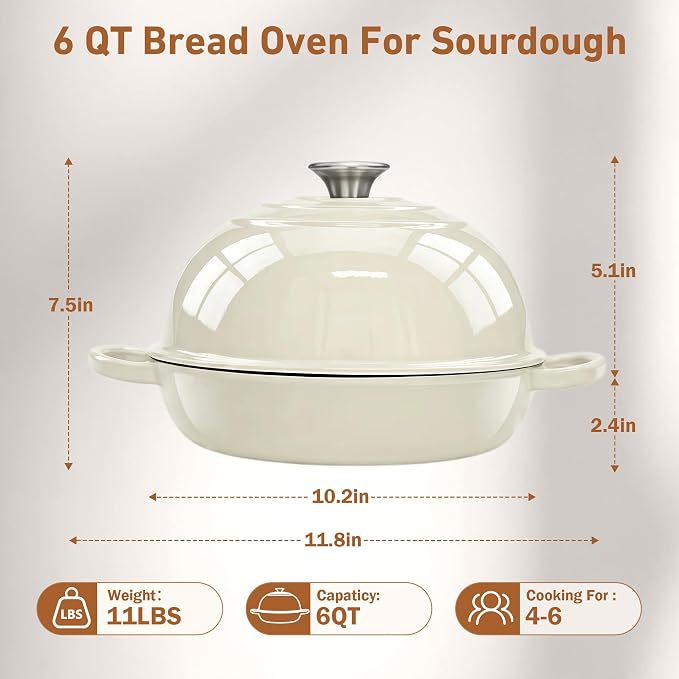 Cast Iron Dutch Oven with Lid, 6 Quart Enameled Bread Oven for Sourdough Baking, Round Heavy Duty Cast Iron Pot with Dome Lid, Cream White