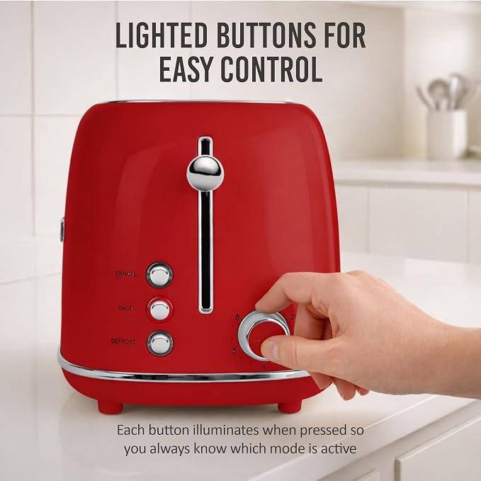 Nostalgia Classic Retro 2-Slice Toaster- Vintage Design- Enamel Coated Steel Body- Wide Slots for all Breads- Crumb Tray, Cord Storage- Defrost,Cancel and Bagel Function & 6 Toasting Levels- Red