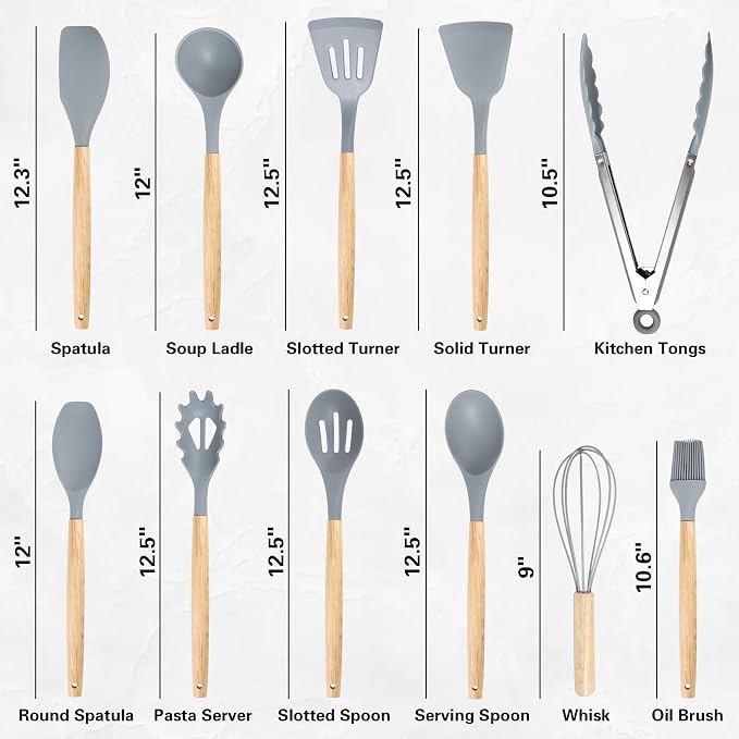 19PCS Gray Kitchen Cooking Utensils Set Kitchen Tools Set | 6 Stainless Steel Knives, 11 Silicone Utensils with 1 Cutting Board, Ideal for Apartment