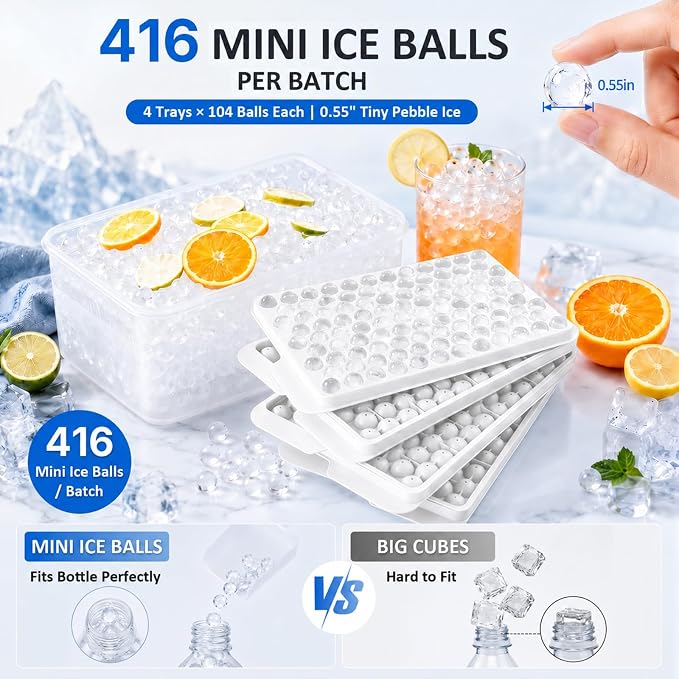 Mini Ice Cube Trays with Lid & Bin, Tiny Pebble Ice Balls for Coffee | Make 416 Mini Ice Balls with 4 Trays, Easy Release, Stackable, Scoop Included, for Iced Coffee, Drinks and Daily Use